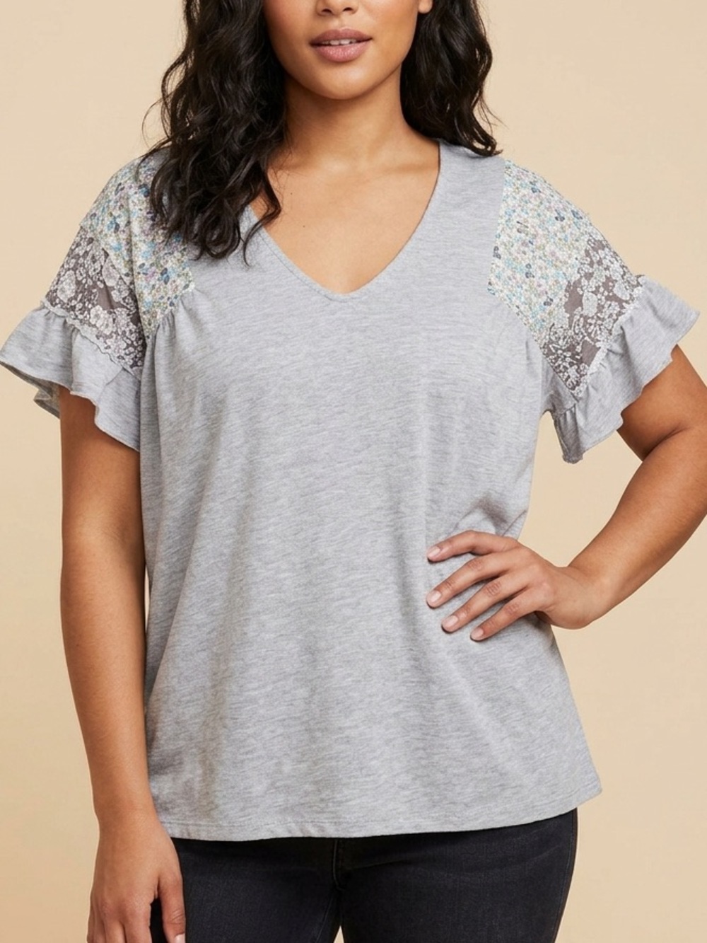 Gray Floral Shoulder Patch Top